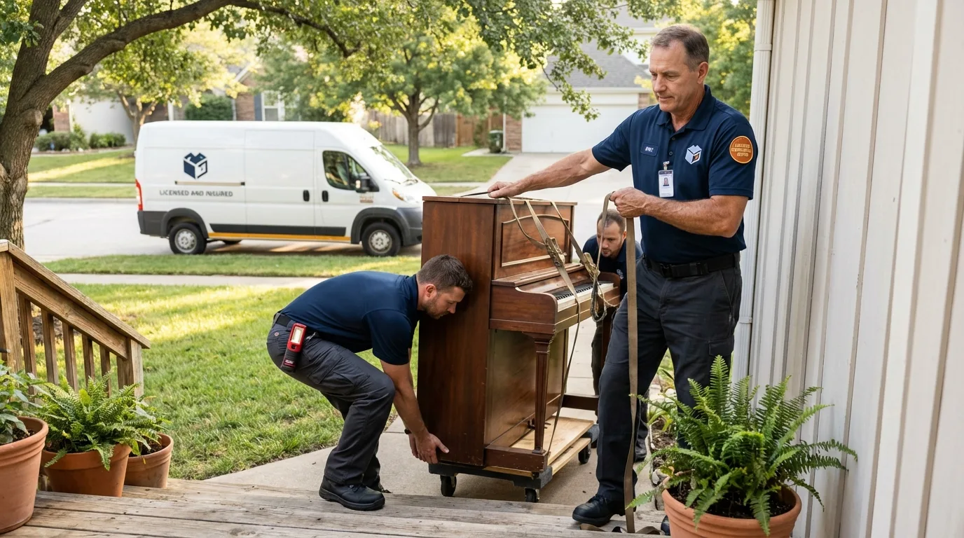 Licensed piano movers securing grand piano in Holly Hill, SC