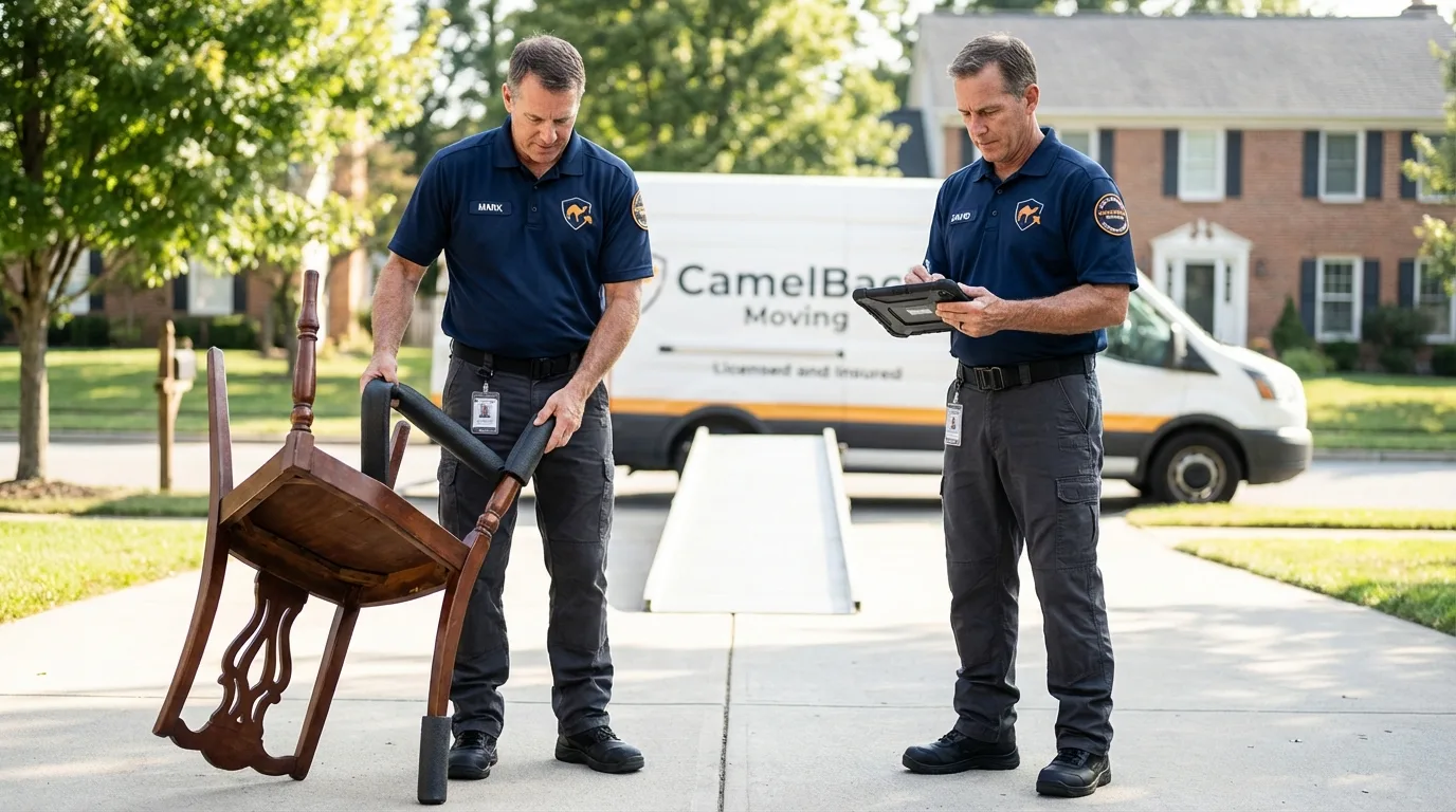 Movers inspecting furniture for damage prevention before loading in Holly Hill, SC