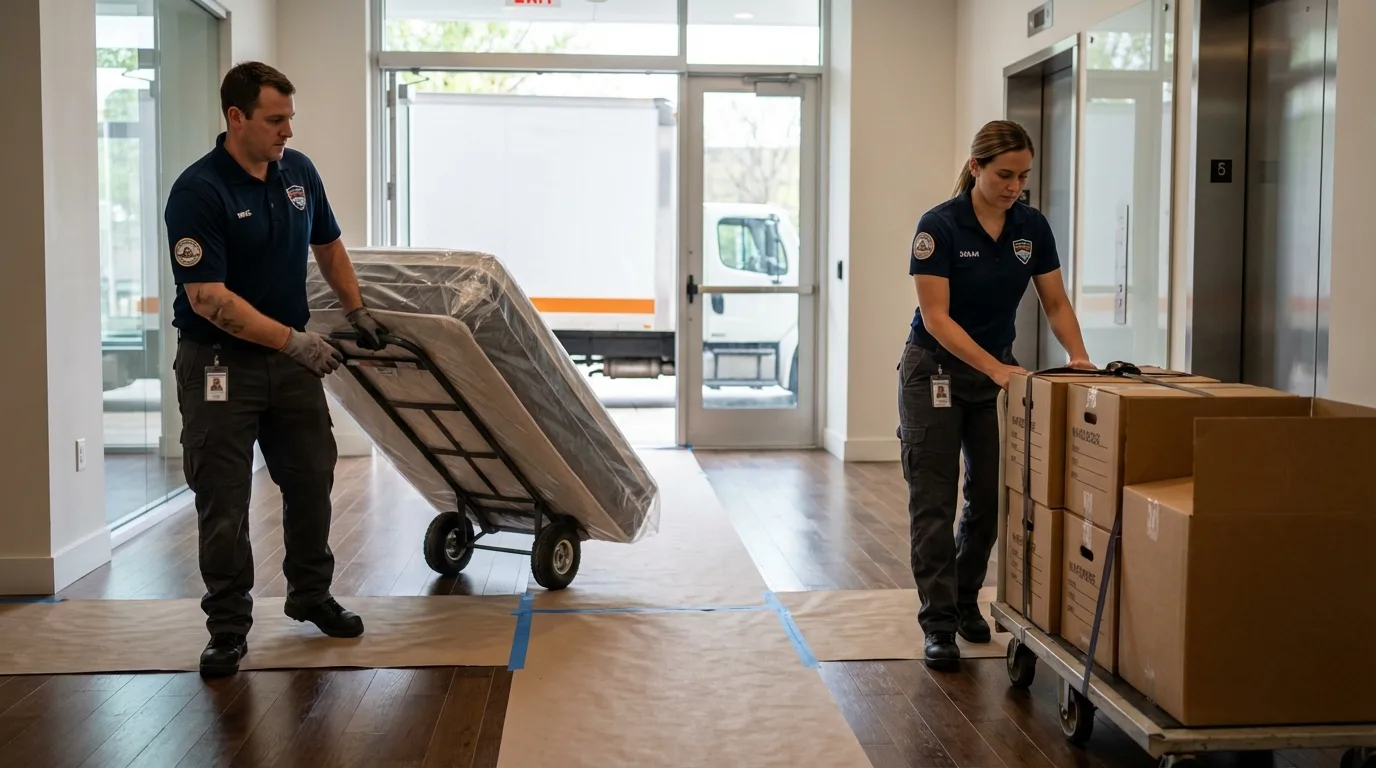 Professional apartment movers loading elevator in Holly Hill, SC