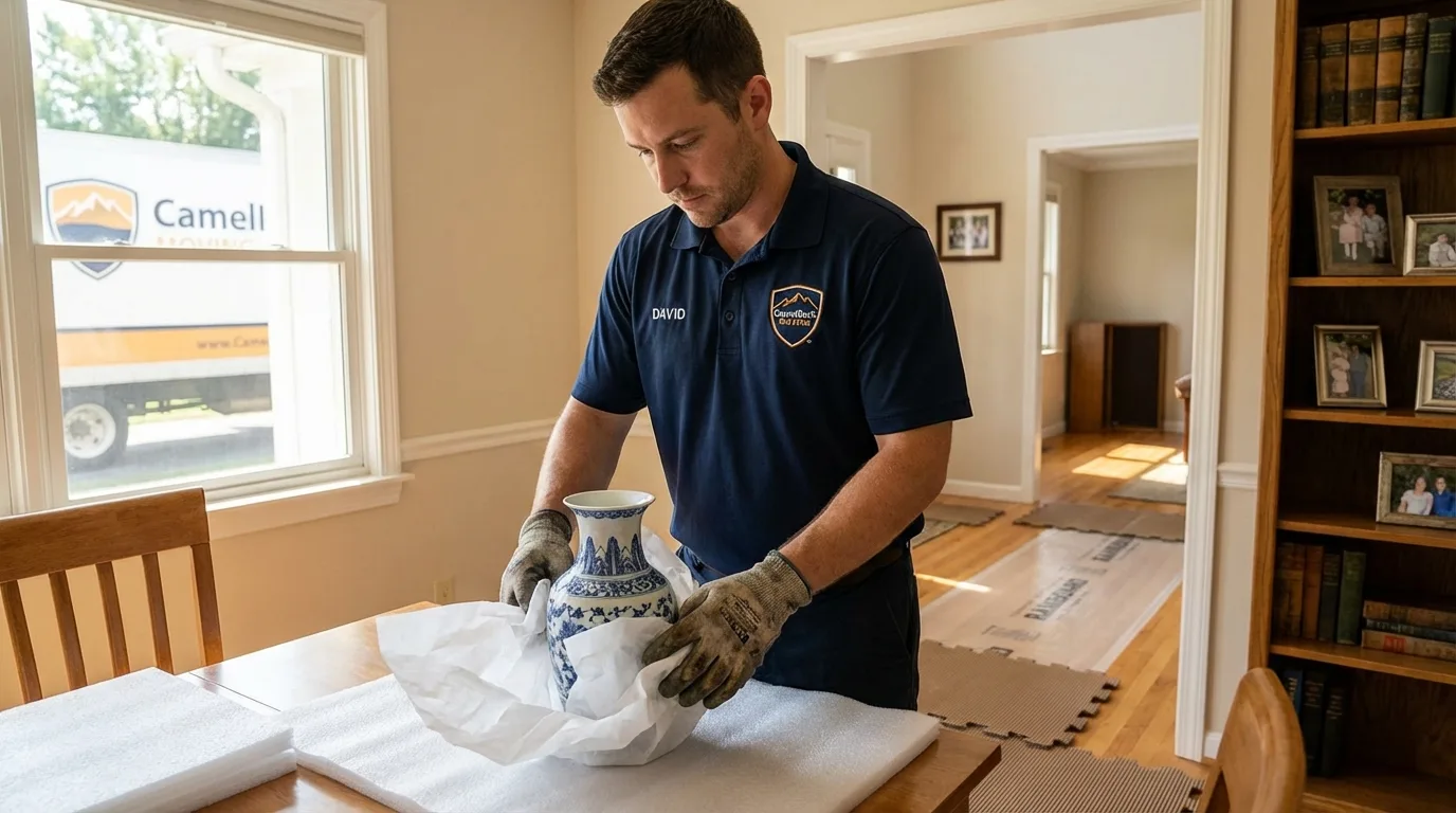 Professional crew carefully wrapping antique vase for senior downsizing move in Holly Hill, SC
